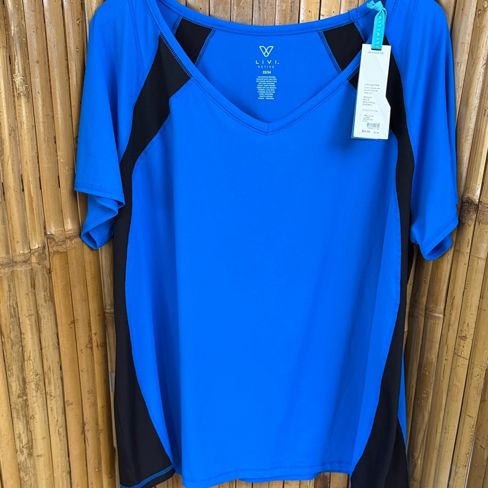 Livi Active Royal Blue and Black V-Neck Performance Tee.  Size 22/24. NWT